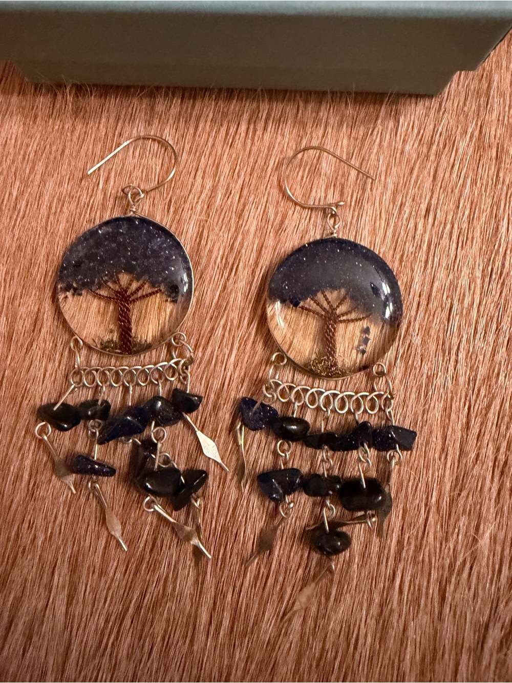 Handcrafted Tree of Life Dangle Earrings in Navy and Silver